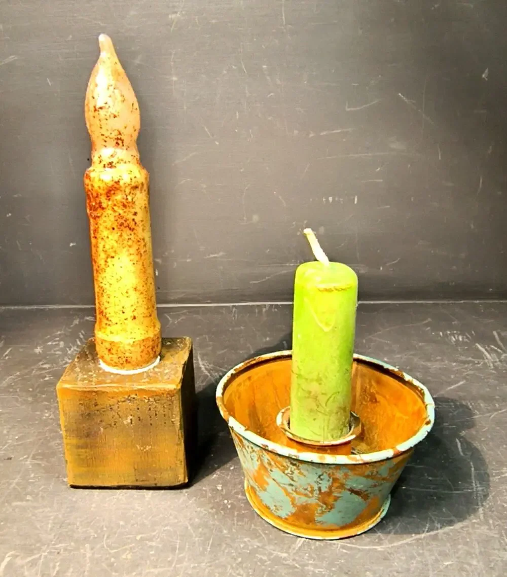 1970.  Set of Two Rustic Primitive Candles and Holders